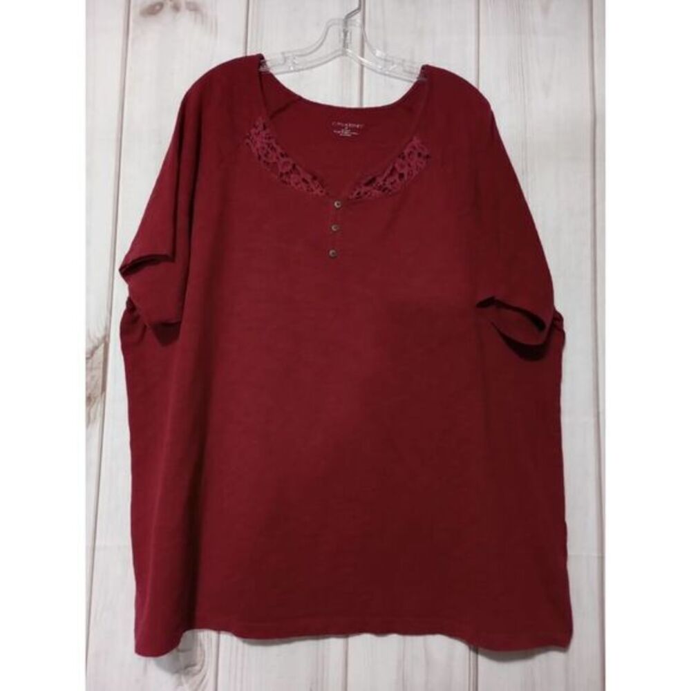 Catherines Womens 2X Burgundy Red Cotton Henley Top Lace Trim Short Sleeve Shirt
